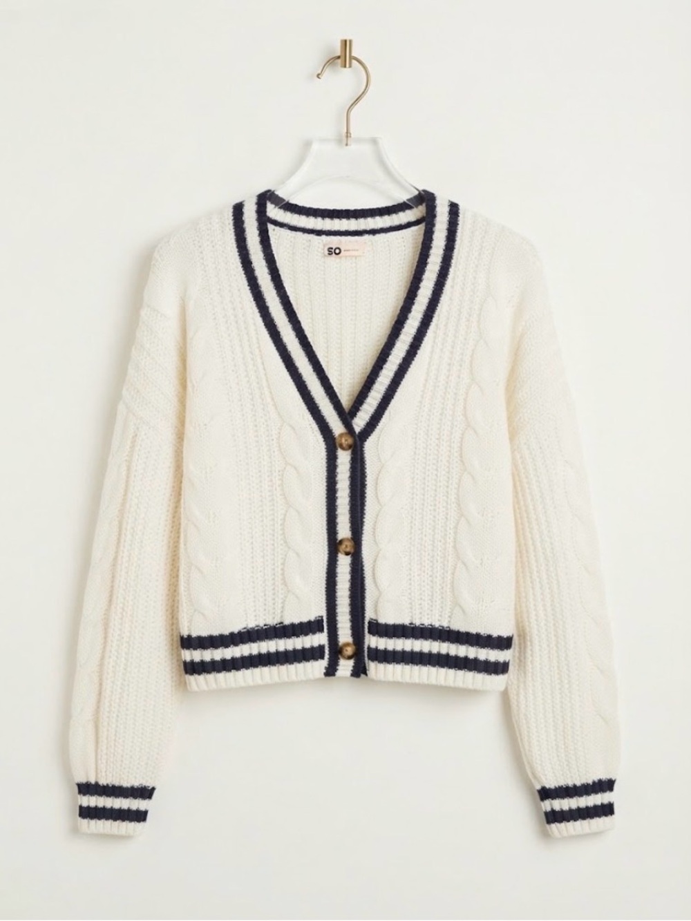 SO Goods For Life White Navy Varsity Cable Knit Cardigan Sweater | Size L